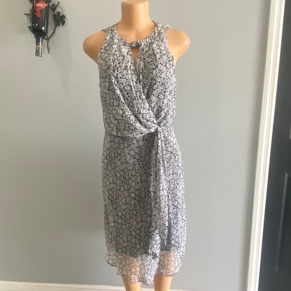 Karin Stevens Black White Floral Sleeveless Keyhole Midi Dress Womens Size 6